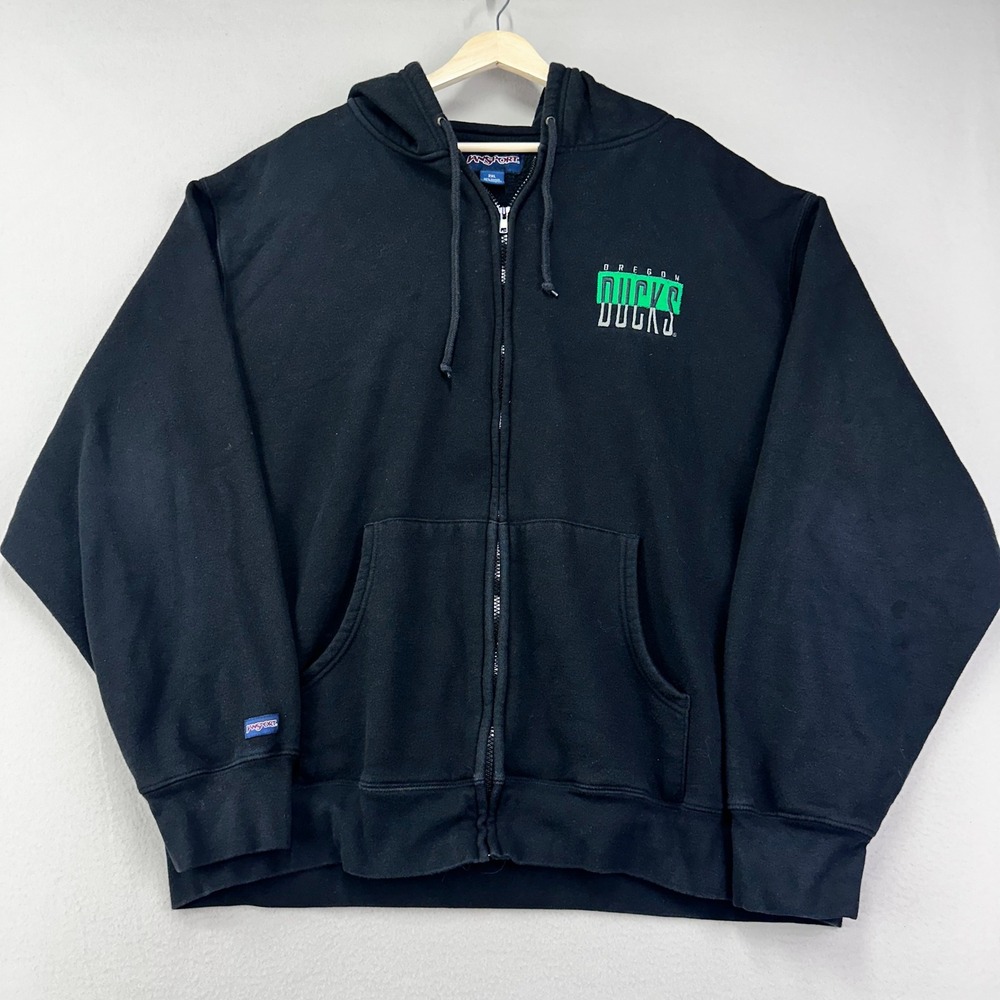 VTG Oregon Ducks Hoodie Mens 2XL Black Full-Zip Y2K JanSport Fleece Sweatshirt